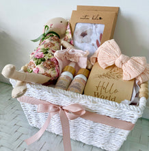 Load image into Gallery viewer, Baby Girl Bunny Gift & Swaddle Baby Shower Hamper Basket Set
