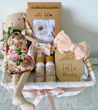 Load image into Gallery viewer, Baby Girl Bunny Gift &amp; Swaddle Baby Shower Hamper Basket Set
