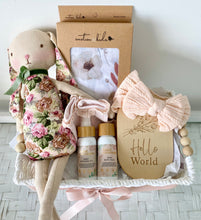 Load image into Gallery viewer, Baby Girl Bunny Gift &amp; Swaddle Baby Shower Hamper Basket Set
