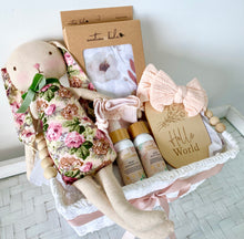 Load image into Gallery viewer, Baby Girl Bunny Gift &amp; Swaddle Baby Shower Hamper Basket Set
