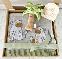 Load image into Gallery viewer, Cheeky Monkey Blanket &amp; Toy Rattle Baby Shower Hamper Gift Box
